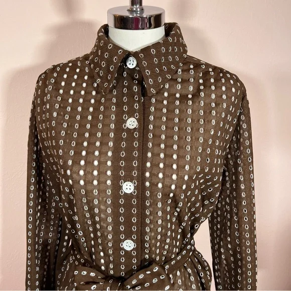 Vintage 1960 70 Dalton MCM Brown lace Tie Waist Belted Button Down shirt Jacket - Picture 15 of 17